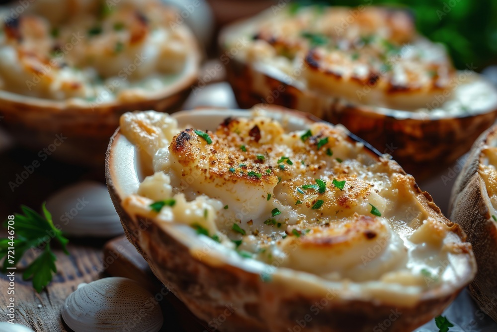 Close-up of New England Clam Chowder in a bread bowl with parsley. Thick creamy soup of shellfish and vegetables. Classic American cuisine.