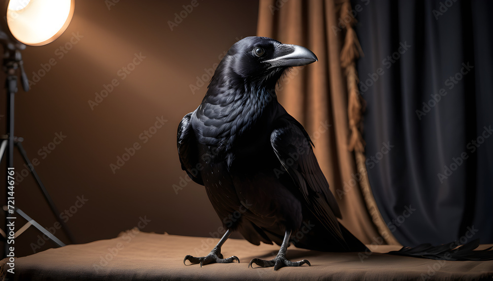 Motion Sensor Raven Majestic Raven Posing Under Spotlights in a Studio Setting With brown ...