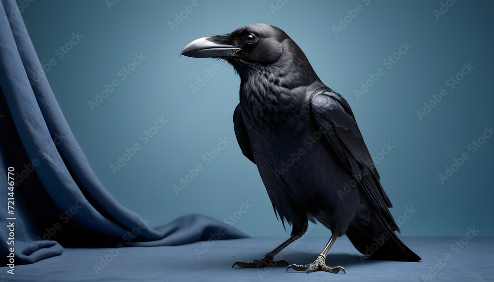 Fototapeta premium crow Standing on Blue Surface, crow on studio setup