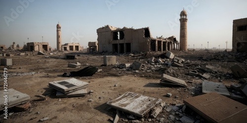 gaza in palestine, The remains of a war-torn city with the ruins of a destroyed mosque, city ruins, and a desolate atmosphere.
 photo