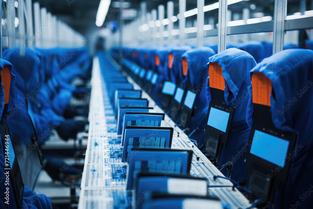 Obraz premium Rows of Blue and Orange Seats in a Factory