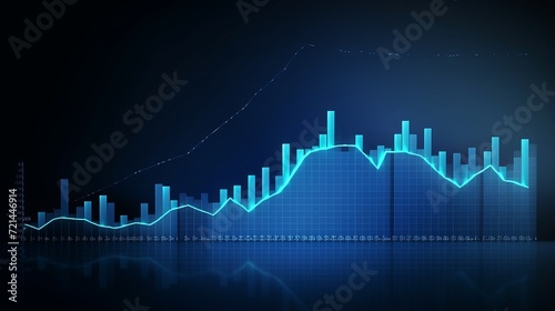 The stock market financial investment diagram on blue background is shown in a graph chart with moving up arrows.