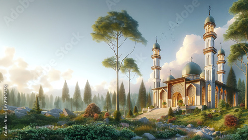 Mosque in the middle of the forest with a very comfortable wide landscape view, AI Generated