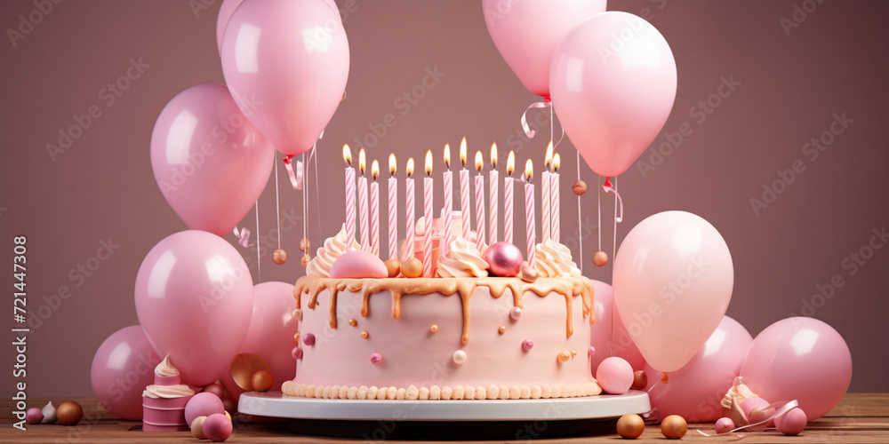 Birthday cake with pink candles balloons and confetti on pink ...