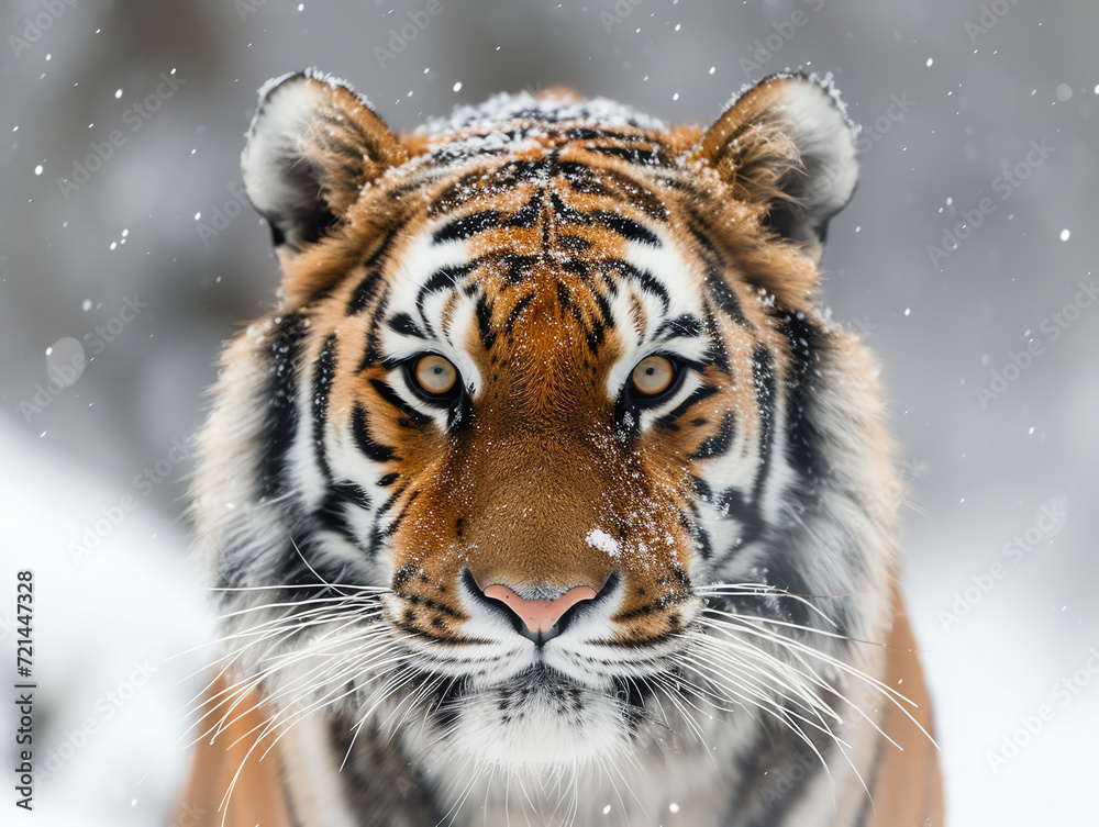 Tiger im Winter mit Schnee - Frontal Nachaufnahme