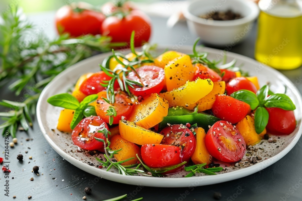 Mixed vegetables on a ceramic plate. A colorful vegetarian dish, vegetable salad generously seasoned with aromatic spices and garnished with fresh basil and rosemary leaves. Close-up.