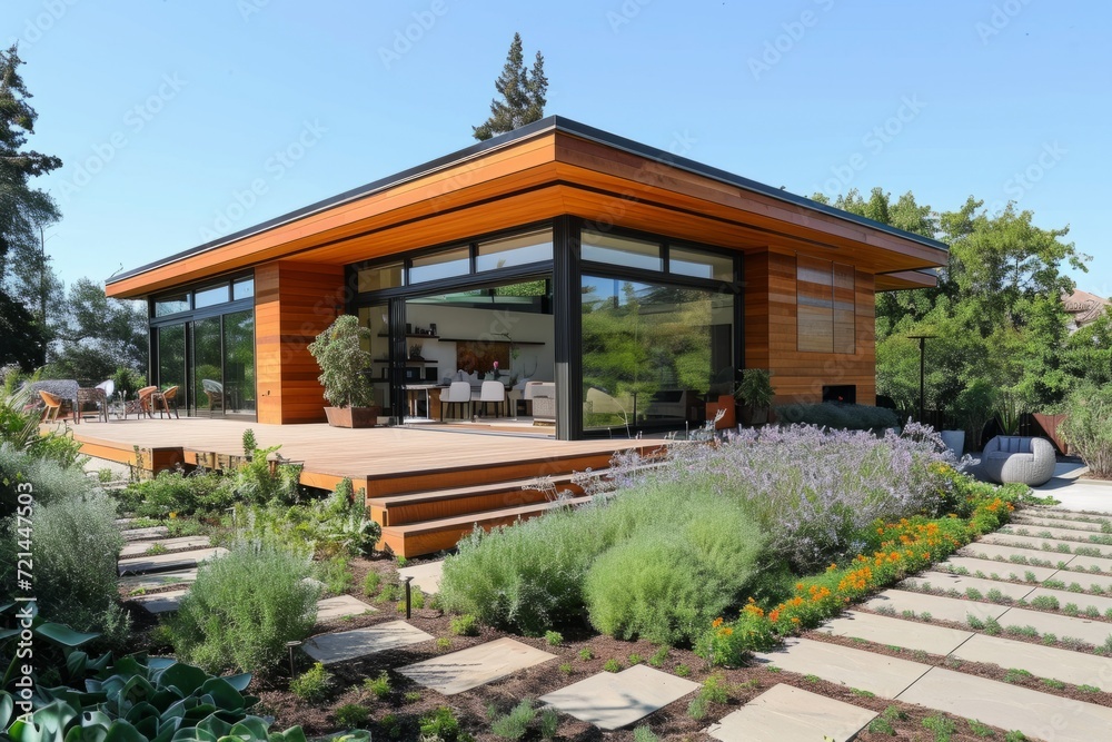 Modern eco-style cottage exterior. Panoramic windows, spacious terrace, creative landscape design. Contemporary eco-friendly architecture concept for private residential houses.