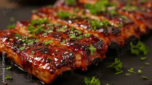 Close-up of delicious fried ribs glazed in honey and soy sauce on a black slate serving tray. American BBQ pork ribs. Background image for the menu.