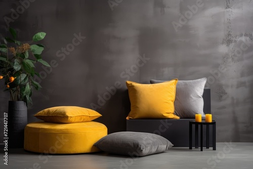 Spacious Living Room With Yellow and Grey Furniture