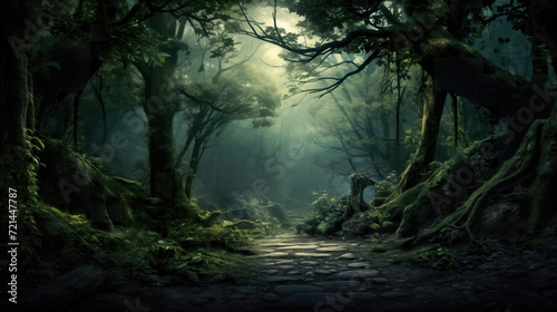 night evening time in a forest, realistic path