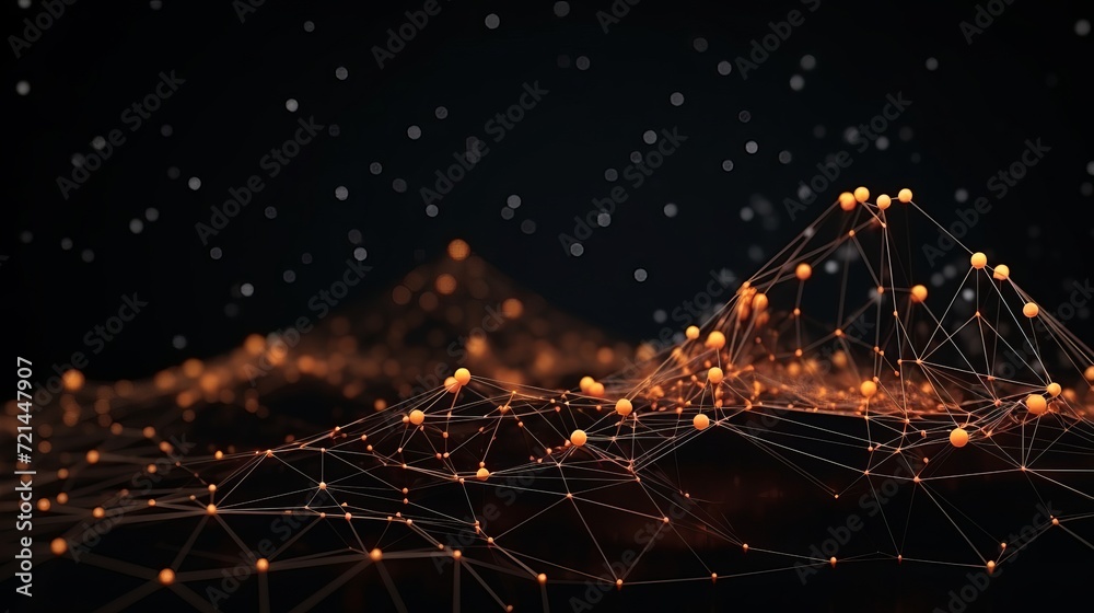 A 3d rendering of big data visualization is depicted in an abstract futuristic illustration of data technology using low poly shapes and connecting dots and lines on a dark background. A 3d rendering of big data visualization is depicted in an abstract futuristic illustration of data technology using low poly shapes and connecting dots and lines on a dark background.