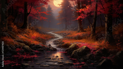 beautiful lofi anime inspired long path into future in a red autumn inspired forest