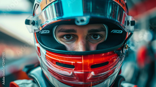 F1 racing driver thinking before his race, wearing a bright red and white helmet, focused eyes showcasing his victory
