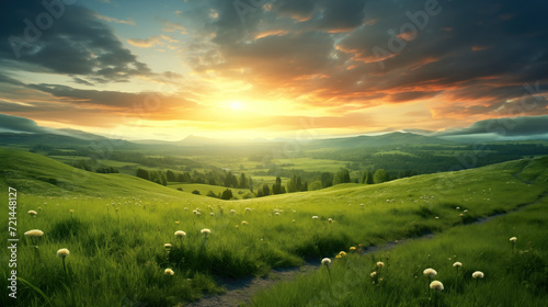 Fototapeta Naklejka Na Ścianę i Meble -  calm and warm inspired big grass field with a small road at sunset