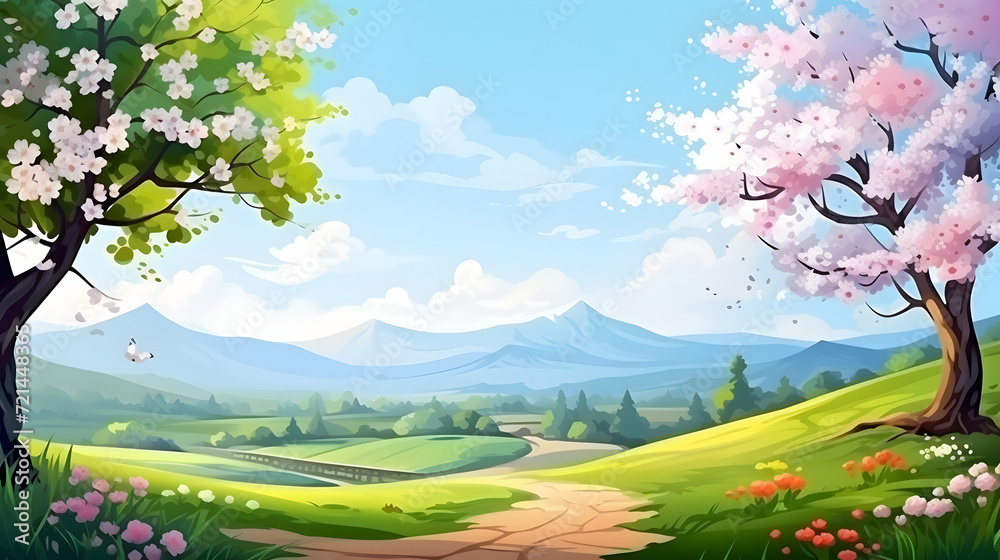 Colorful painting sunny landscape two blossoming trees and a path