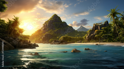 wonderful painting inspired clear blue water island, wallpaper