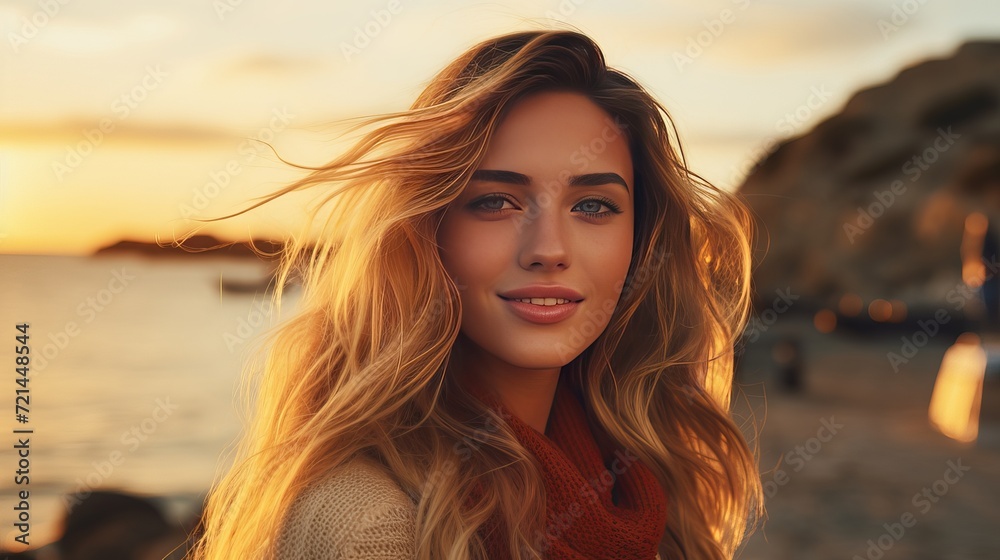 A beautiful blonde girl with long hair is posing on a rocky beach at sunset, holding her finger against her lips and smiling towards the camera.