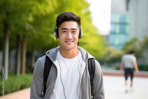 Young Man Wearing Headphones Walking Down a Sidewalk in an Urban Environment