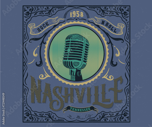 nashville music city retro vintage design, nashville typography artwork, old microphone vector illustration, western music artwork for t shirt, sticker, poster, graphic print 