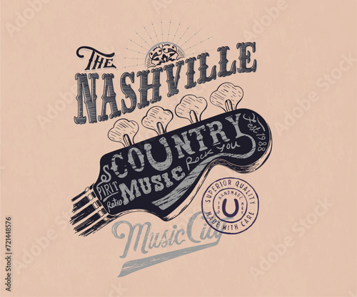nashville country music city retro vintage design, folk music typography artwork, guitar head vector drawing, western music artwork for t shirt, sticker, poster, graphic print 