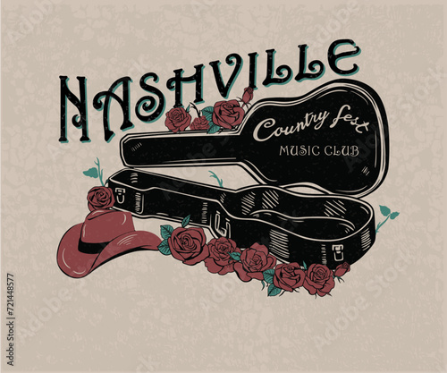country music fest artwork with typography, classical guitar case vector art, nashville music artwork for t shirt, sticker, poster, graphic print
