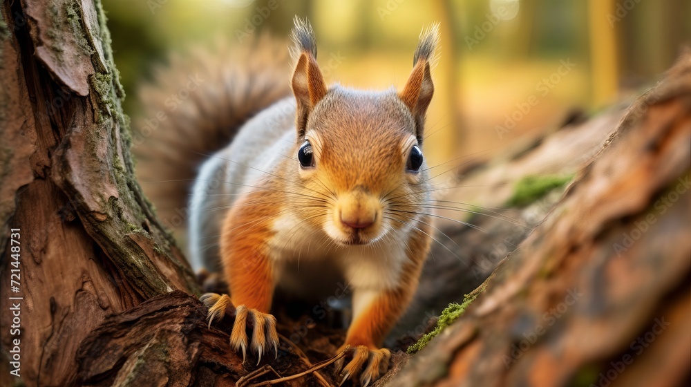 A close-up of a squirrel clinging to a tree trunk. A close-up of a squirrel clinging to a tree trunk.