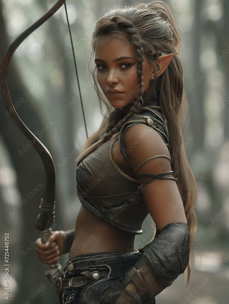 Female Forest Elf Archer with Bow Fantasy Character Portrait