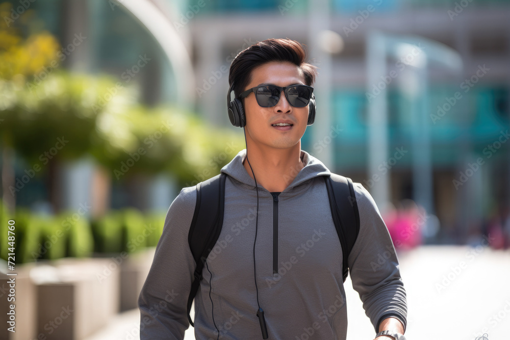 Man Wearing Headphones Walking Down a City Street