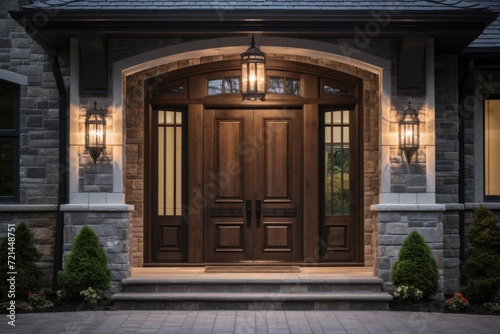 Large Wooden Door With Two Lights On It