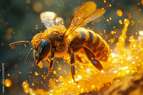 closeup of honeycomb with bee making honey.