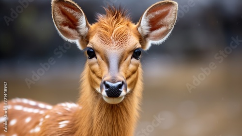 A close-up shot of a brown western sitatunga at a zoo. photo