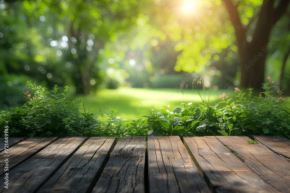 Fototapeta premium Embrace tranquility in your designs with an empty wooden area against a blurred, refreshing green garden.