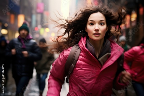 Woman in Pink Jacket Walking Down the Street