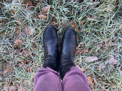 Füße einer Frau mit Stiefeln in schwarz und lila Jeans auf Wiese im Winter bei Frost mit Raureif photo