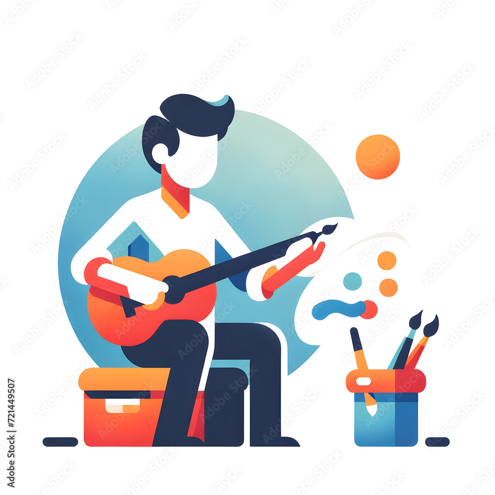 Artistic Soul Inspiration: Stylized Character Playing Guitar with Paint Palette - Concept of Musical and Visual Art Fusion, Creative Expression and Passion for the Arts Artistic Soul Inspiration: Stylized Character Playing Guitar with Paint Palette - Concept of Musical and Visual Art Fusion, Creative Expression and Passion for the Arts