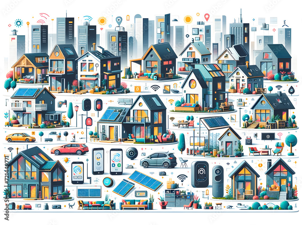 Smart City Innovation: Solar-Powered Homes & IoT Connectivity - Futuristic Urban Landscape Illustration, Connected Living Concept, Green Technology and Sustainable Development