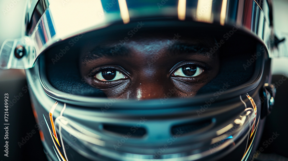 Close up portrait of african car racer wearing safety helmet and sharp focus eyes, Close up portrait of african car racer wearing safety helmet and sharp focus eyes,