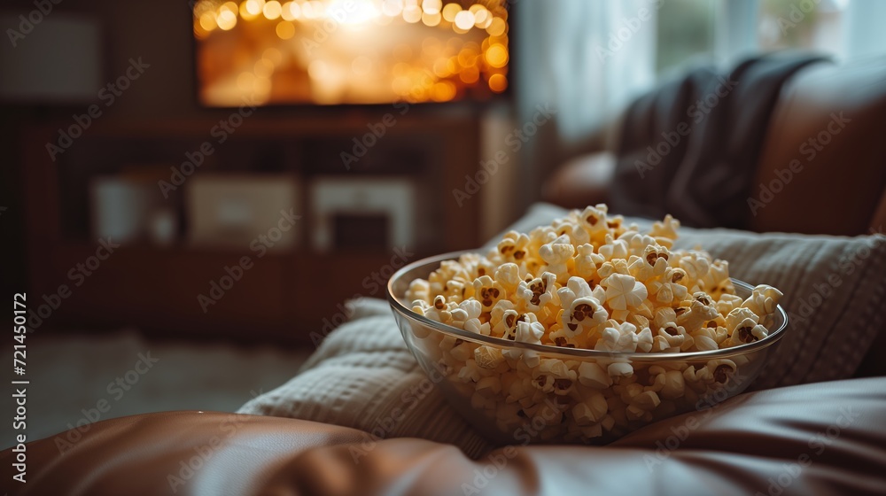 A white bowl full of fluffy, freshly-popped popcorn placed on a soft, textured blanket and leather sofa and blur background of wide screen television in living room. A white bowl full of fluffy, freshly-popped popcorn placed on a soft, textured blanket and leather sofa and blur background of wide screen television in living room.