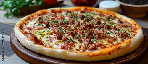 Savor the Delectable Flavors of Delicious Roast Pizza: A Delightful Combination of Delicious Roasted Meats, Gooey Melted Cheese, and Crispy Crust