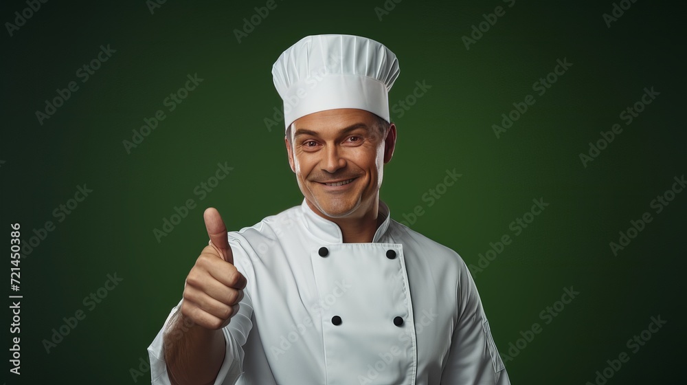 A professional chef dressed in white with a cook hat and holding a soup ladle and pan stands against a pink background due to their discontent. A professional chef dressed in white with a cook hat and holding a soup ladle and pan stands against a pink background due to their discontent.