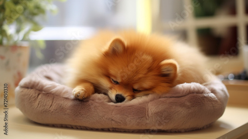 Pomeranian sleeping on the mattress