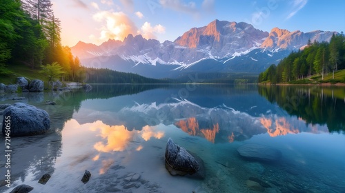 Eibsee lake bathed in the warm glow of a summer sunrise, nestled against the stunning backdrop of Zugspitze mountain range. Nature's masterpiece unfolds in the heart of Bavaria, Germany.