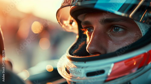 Professional racer wearing a helmet and thinking about his loss race, eyes full of sad, disappointment, and loss photo