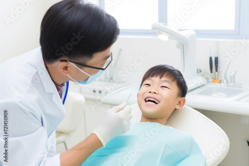Korean boy visiting dentist, yearly checkup 