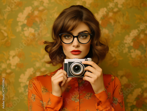 A girl with a camera. Portrait photography in the golden glamour of the 1960s. Medium format image with warm color tones such as light amber, dark brown, red, green, and orange. 