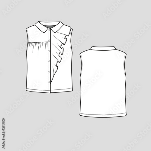 Collar neck Ruffles Sleeveless top Ruffles detail on one side gatherings full open button panel placket vest fashion flat sketch clothing template design vector