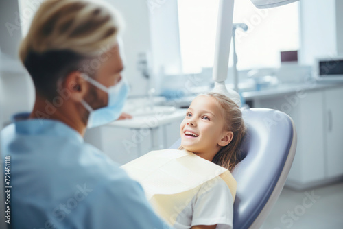 Caucasian girl visiting dentist, yearly checkup 