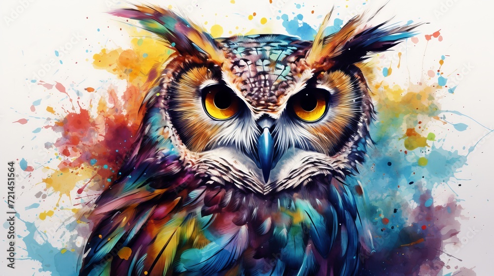 Naklejka premium A watercolor portrait of an owl that has been abstracted.