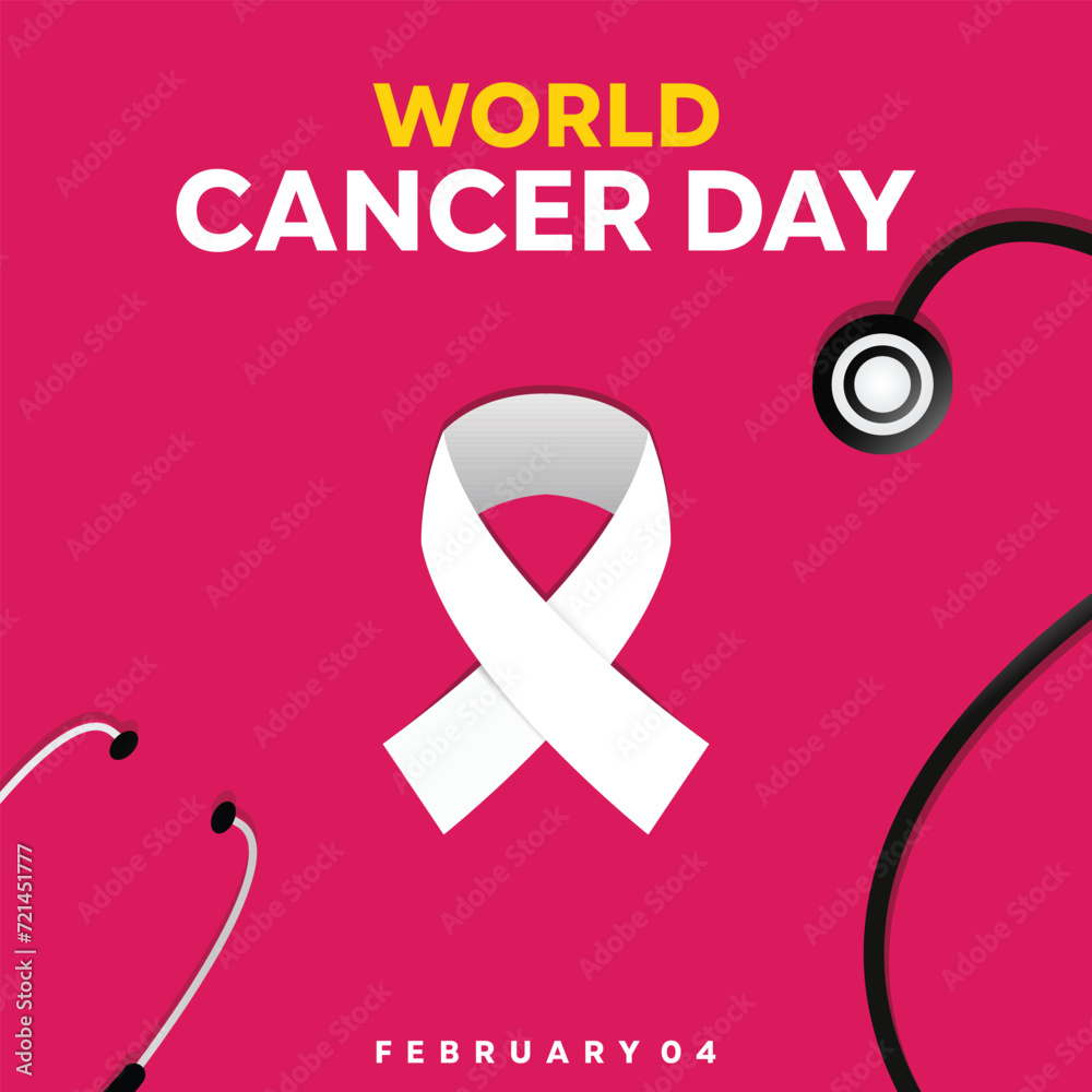World Cancer Day is celebrated every year on February 4. With ribbon and stethoscope vector illustration. Banner, poster, card, social media and more.