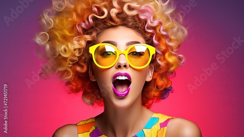 A woman wearing colorful sunglasses and looking surprised on a bright background is beautiful.